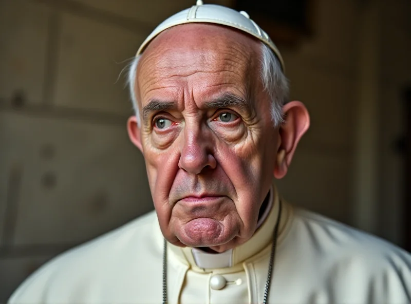 Pope Francis in prayer, looking concerned.