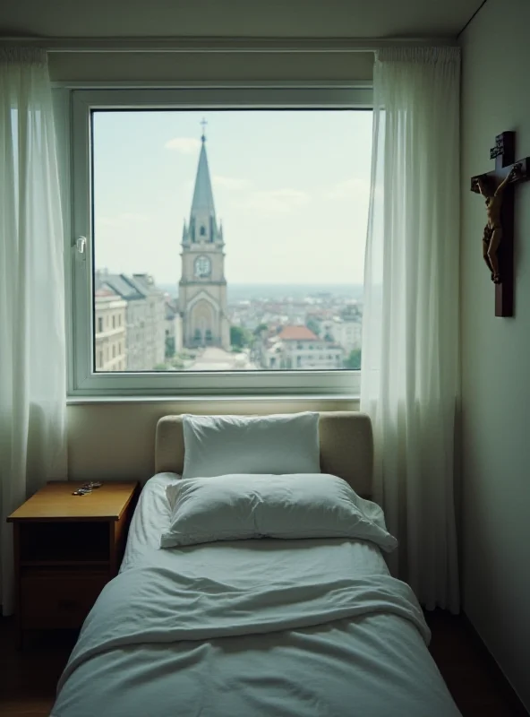 A hospital room with a crucifix on the wall and a window overlooking a city