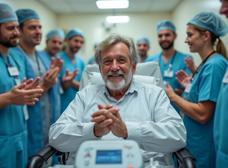 Image of Marco Cecchi, an elderly man, being applauded by hospital staff