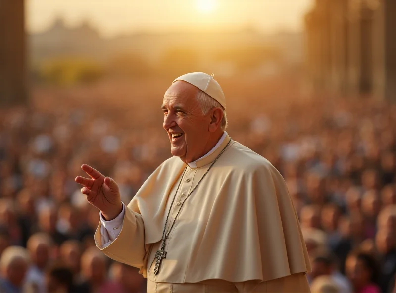 Pope Francis smiling warmly, addressing a crowd from a balcony. Soft lighting, hopeful atmosphere.