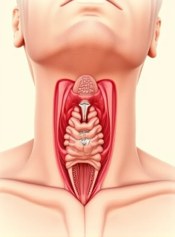 A close-up anatomical illustration of the thyroid gland in the human neck. Detailed and informative.