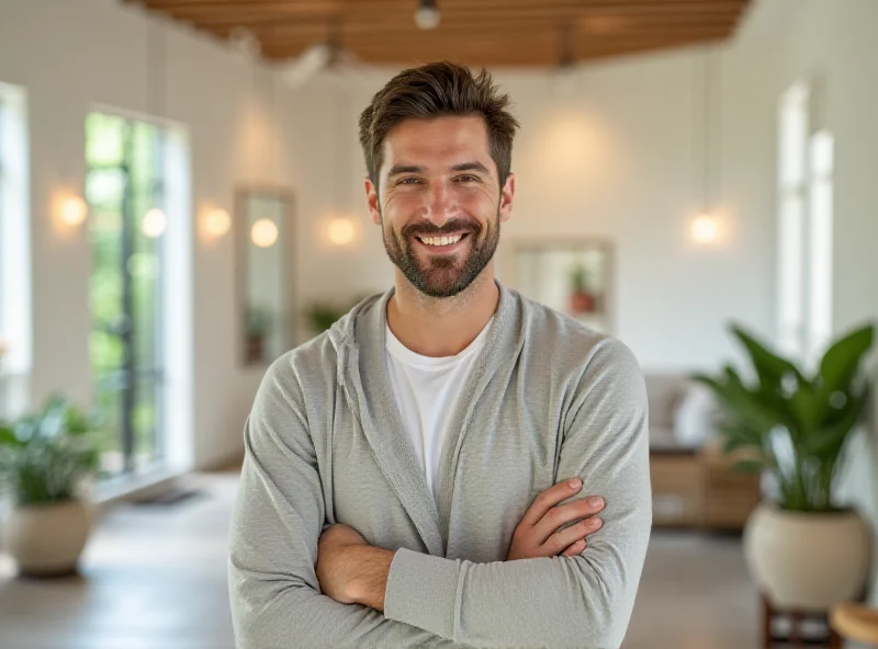 Justin Lainez, a smiling man with a kind face, in a bright and modern wellness center. He is wearing comfortable clothing and has a confident posture.