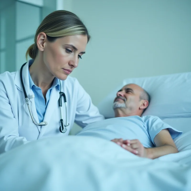 A doctor checking on a patient in a hospital bed.