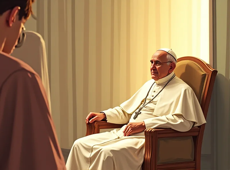 Illustration of Pope Francis in an armchair, looking peaceful and engaged in conversation with someone off-camera.