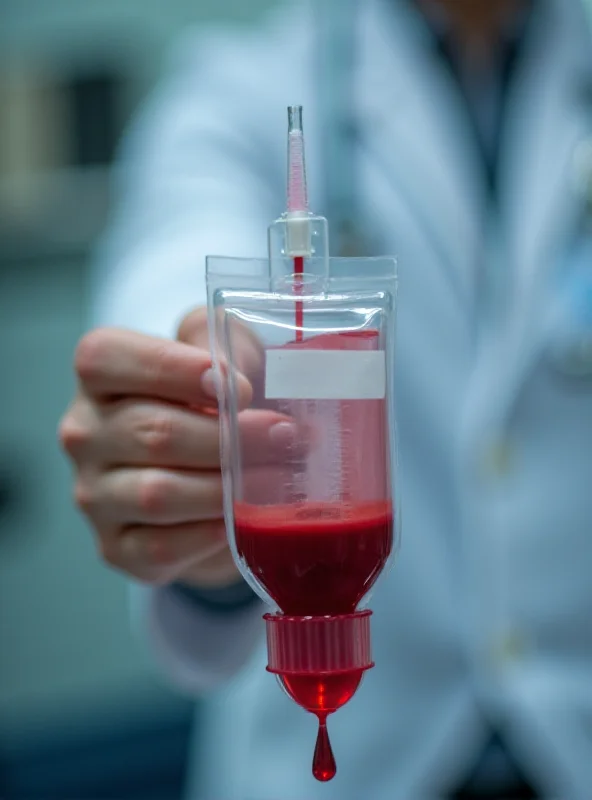 Close-up photograph of a blood donation bag filling with blood, with a focus on the needle insertion point and the flowing blood. A blurred background shows a medical professional attending to the process.