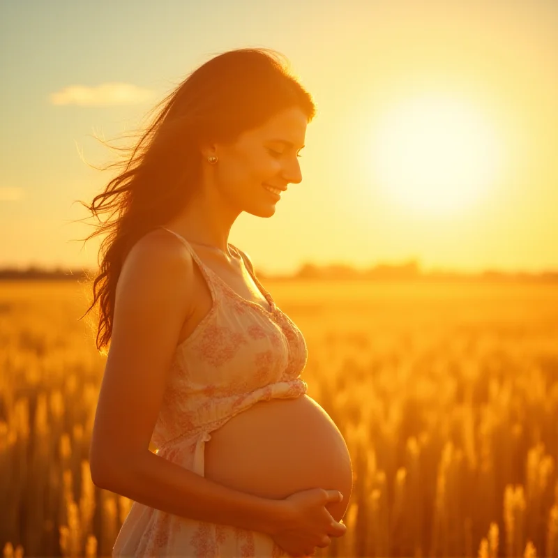 Image depicting a pregnant woman smiling, with a subtle golden glow emanating from her arm, symbolizing James Harrison's life-saving blood donations. The background is a field of wheat under a sunny sky, representing hope and new life.