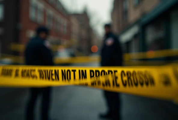 A close-up of police tape at a crime scene, blurred in the background are police officers investigating.