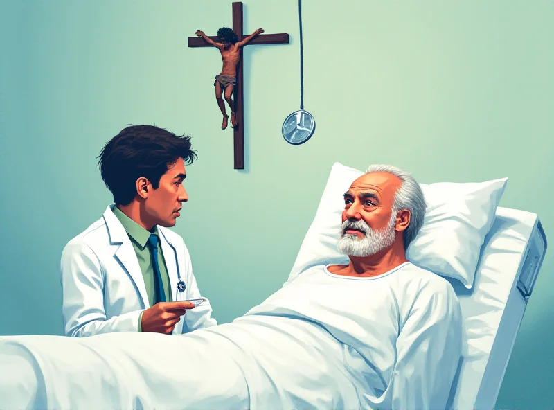 Illustration of a concerned doctor examining an elderly patient in a hospital bed. The patient is wearing a white gown and appears weak, but there's a sense of hope and resilience in his eyes. In the background, a crucifix hangs on the wall, symbolizing faith and support.