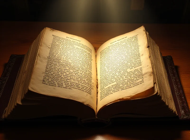 An ancient, leather-bound book lies open on a wooden table. The pages are yellowed and brittle, filled with handwritten text in Latin. A single ray of light illuminates the book, highlighting intricate illustrations and symbols. The atmosphere is mysterious and scholarly, suggesting the book holds secrets and hidden knowledge.