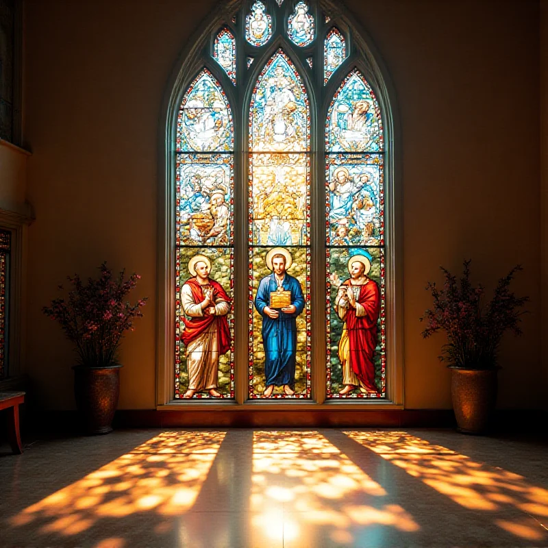 A stained glass window depicting a scene of prayer and healing. Light streams through the window, casting colorful patterns on the floor. The window features religious figures and symbols, creating a sense of reverence and hope. The overall atmosphere is uplifting and spiritual.