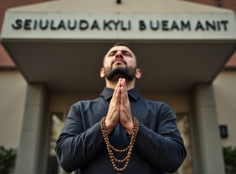 A man holding rosaries praying in front of the Agostino Gemelli Polyclinic in Rome.