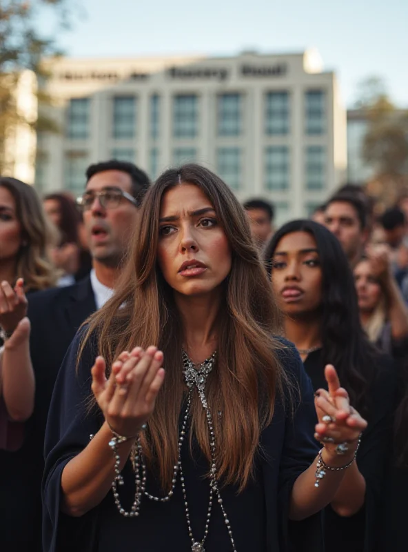 A group of people praying in front of a hospital, holding rosaries and looking concerned.