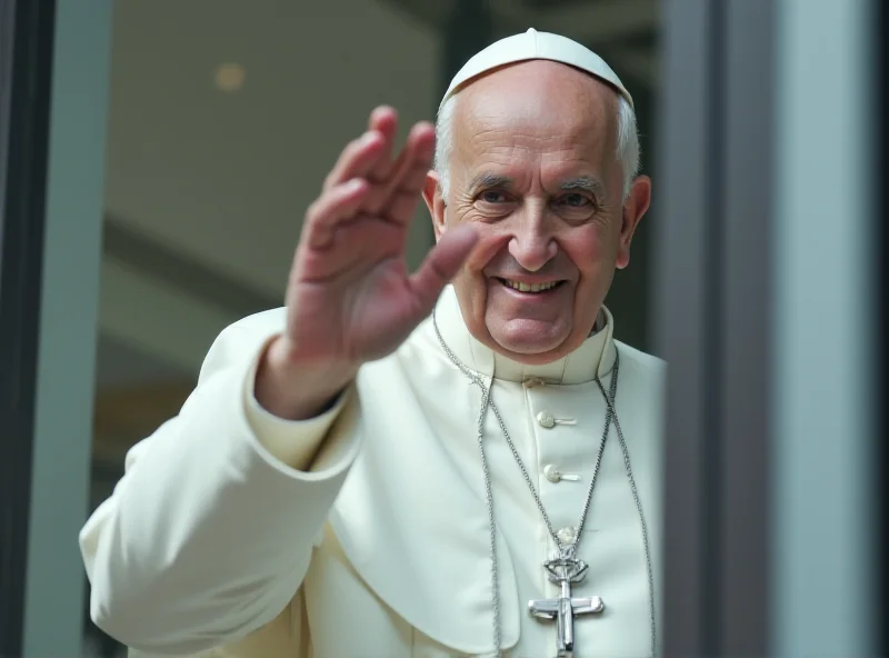 Pope Francis waving to crowds from his hospital window