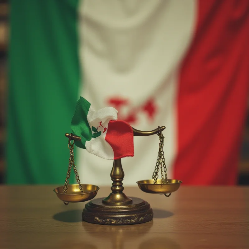 Scales of justice with the Italian and Algerian flags in the background, symbolizing legal and international relations