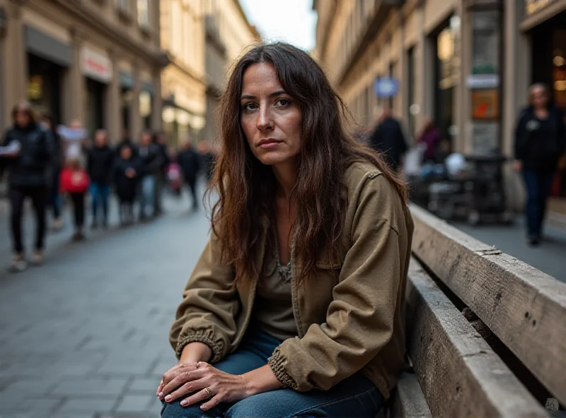 A woman sitting on a bench in a public square, looking distressed.