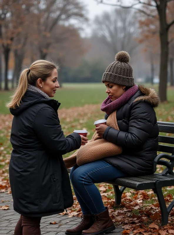 A compassionate social worker offering a blanket and warm drink to a woman sitting on a park bench.