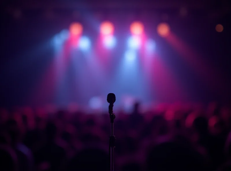 A blurred image of a concert stage with bright lights and a microphone stand.