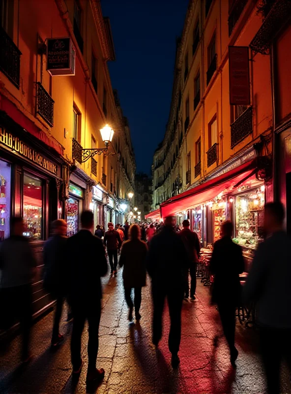 Image of a street scene in Malasaña, Madrid at night