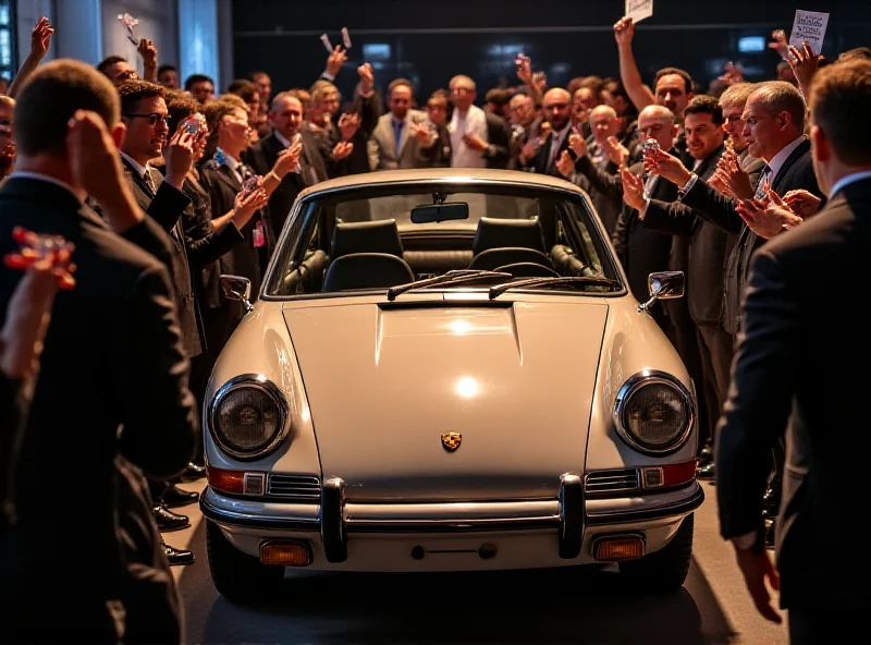 A classic Porsche 911 being auctioned off, surrounded by enthusiastic bidders.