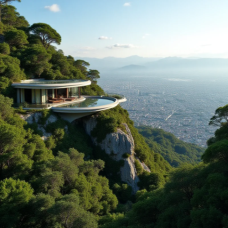 A modern mansion built into the side of a forested hill overlooking a city.