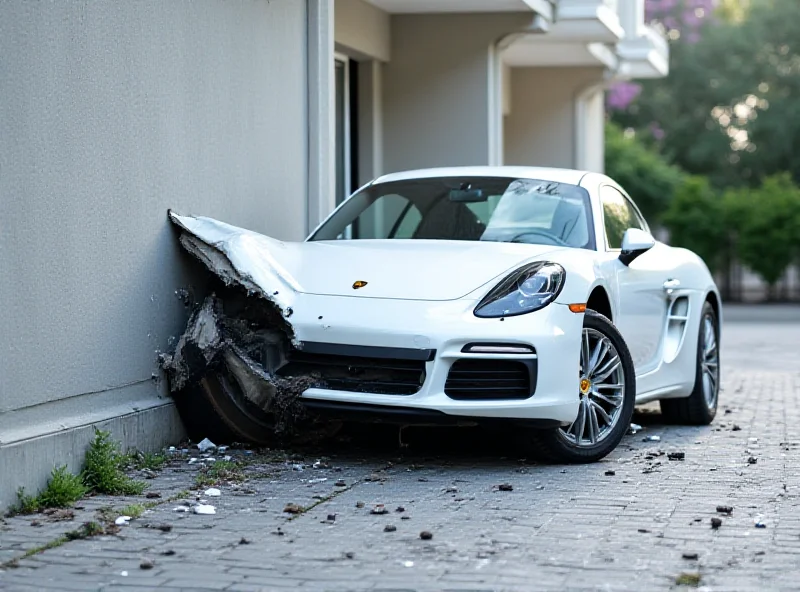 Damaged white Porsche rear end against a condominium wall.