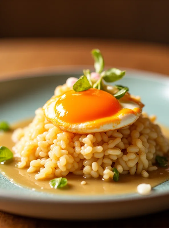 Elegant plating of rice with egg at a high-end restaurant.