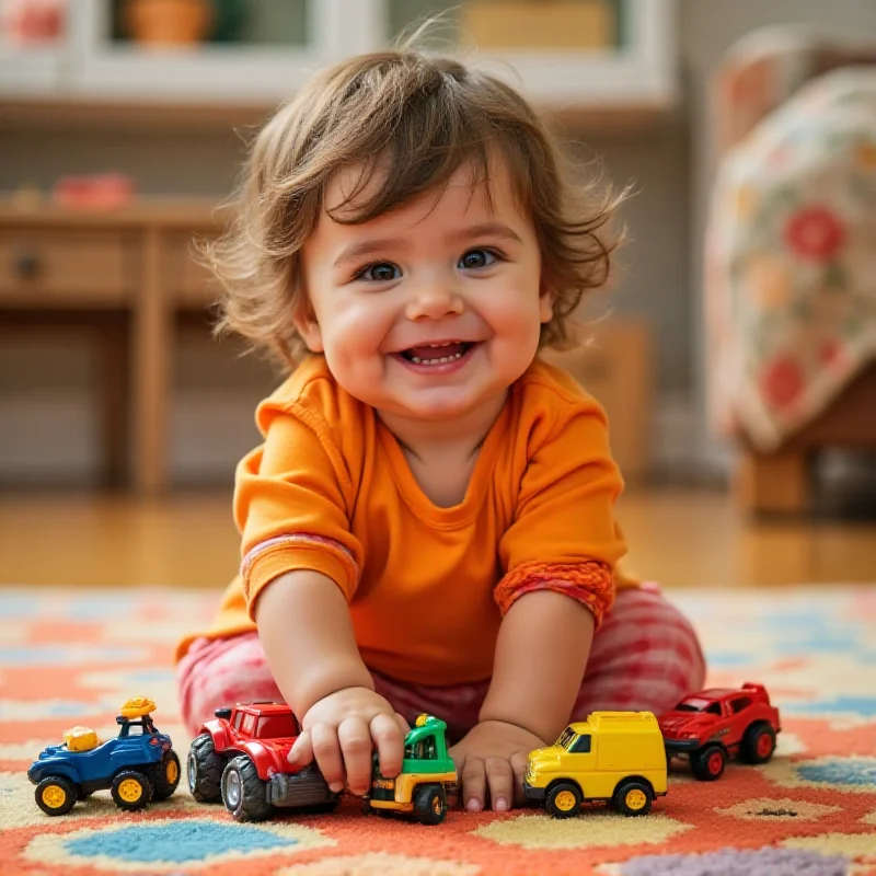 A child happily playing with toy cars on a colorful rug.