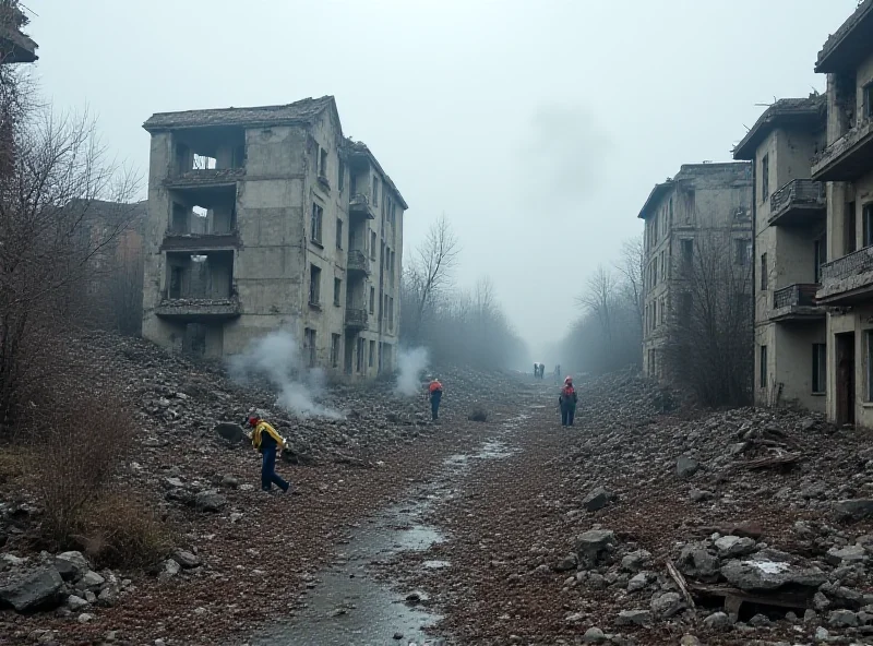 Destroyed buildings in Ukraine after a Russian attack.