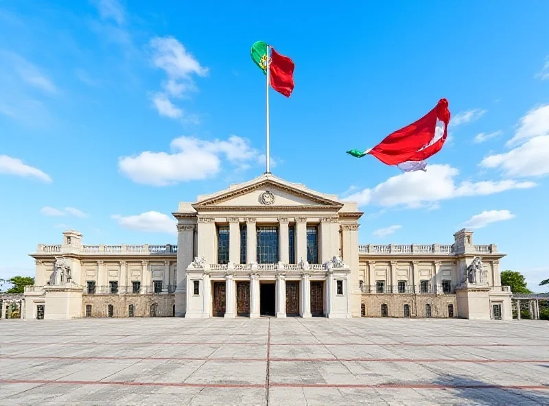 Image of the Portuguese Parliament building with the Portuguese flag waving in the wind.