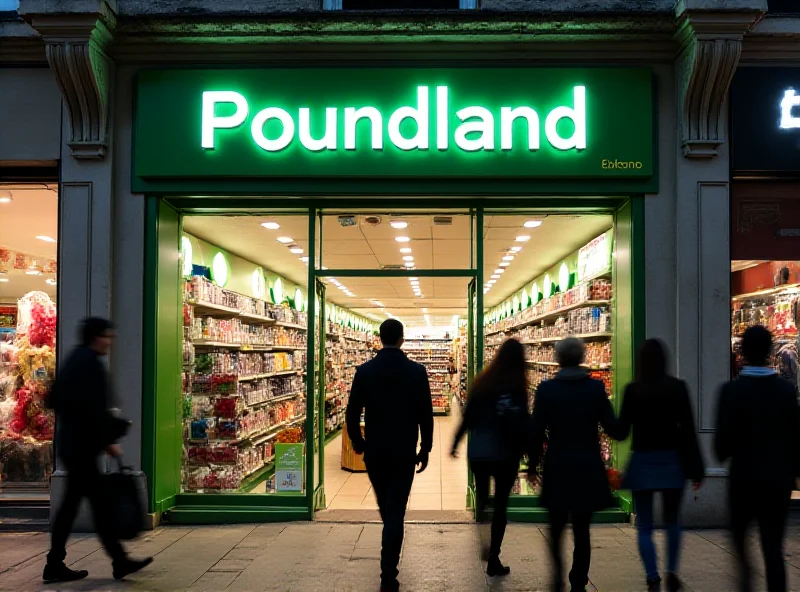 Exterior of a Poundland store, brightly lit, with shoppers entering and exiting. The Poundland logo is clearly visible.