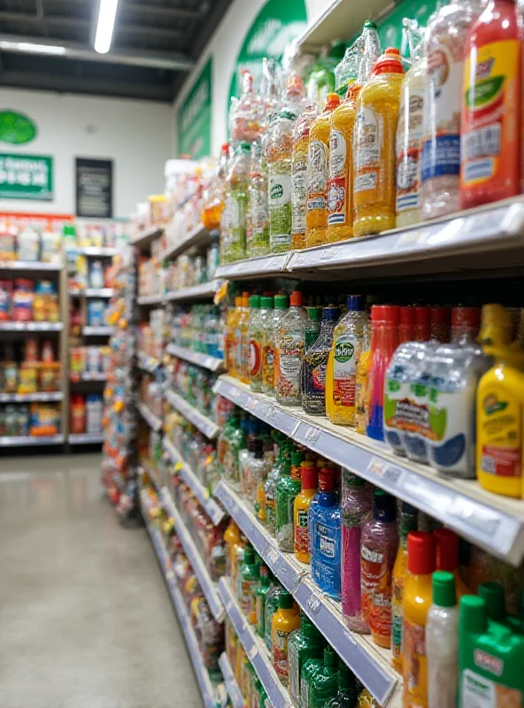 A close-up shot of shelves inside a Poundland store, stocked with various household and grocery items. The shelves are neatly organized and well-lit.