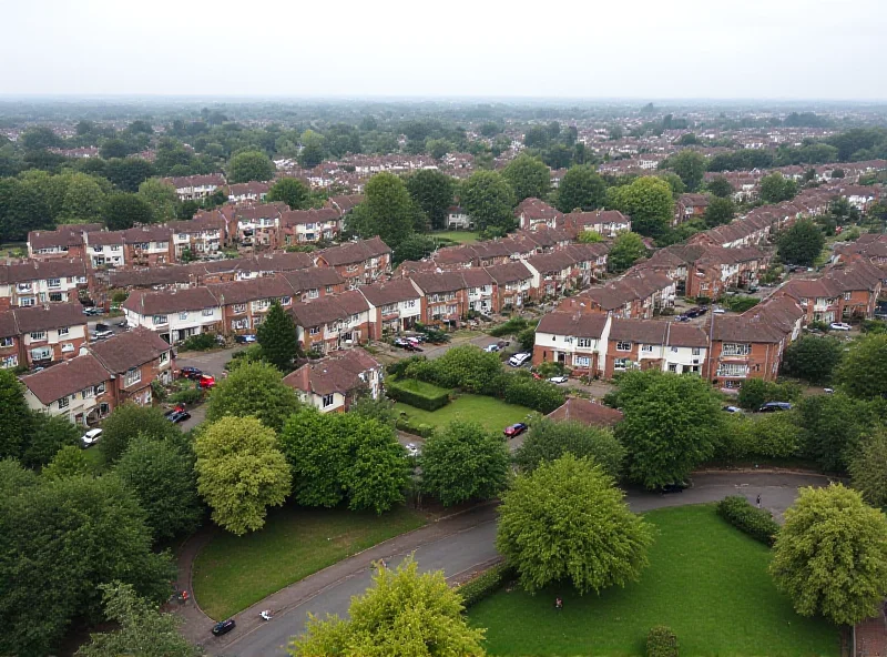 An aerial view of a residential area in England, featuring rows of houses with gardens. The sky is slightly overcast, creating a realistic and relatable scene.