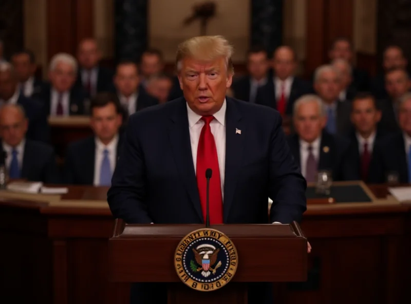 Donald Trump giving a speech to Congress, looking powerful and confident. The background is filled with seated members of Congress, some looking concerned.