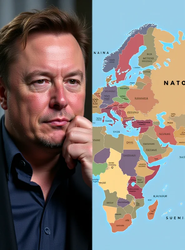 A split image. On one side, Elon Musk looking thoughtful. On the other side, a map of NATO countries.