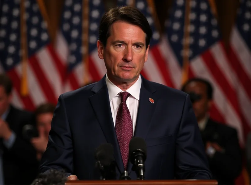 Marco Rubio at a press conference, looking serious and determined. In the background, there are American flags and reporters with microphones.