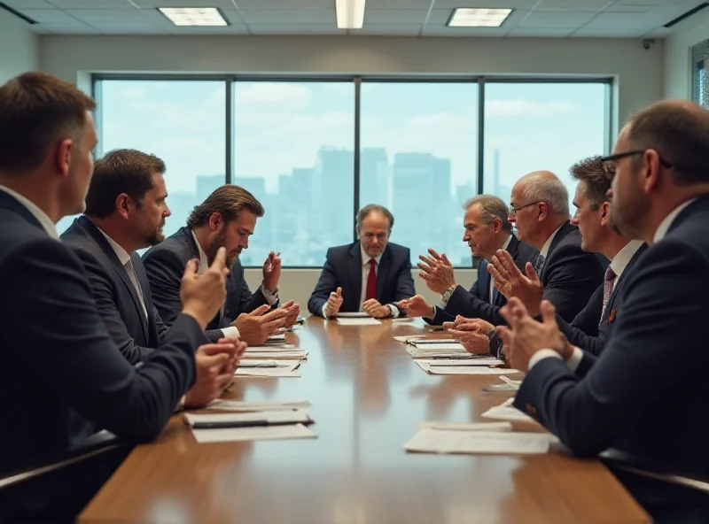 A group of politicians in a tense meeting, suggesting internal conflict and debate.