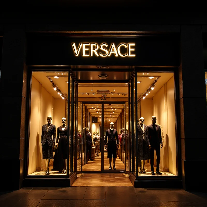 A brightly lit Versace store exterior with a large Versace logo