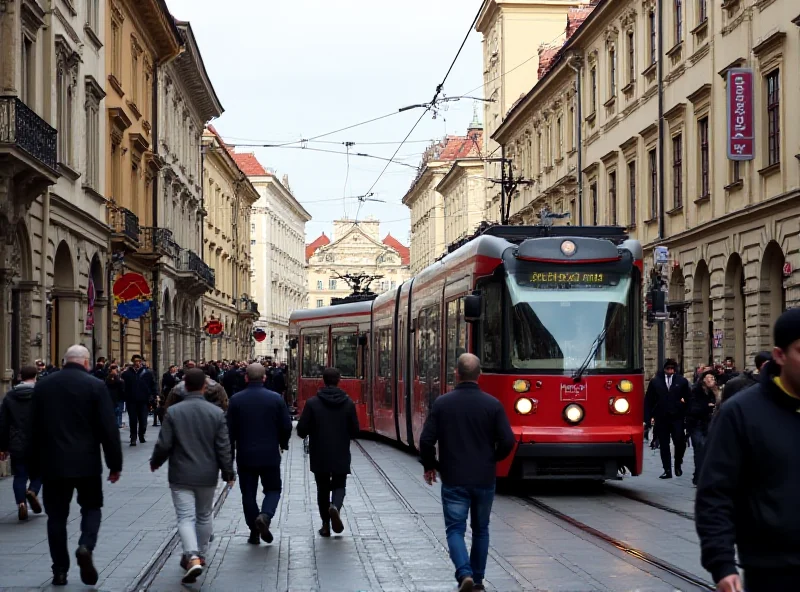 A crowded street scene in Prague with trams and pedestrians, indicating potential disruption from strikes.