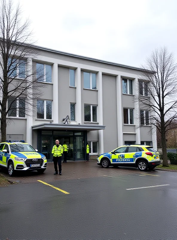 Exterior of a modern elementary school building with police cars parked nearby, representing the bomb threat and evacuation.