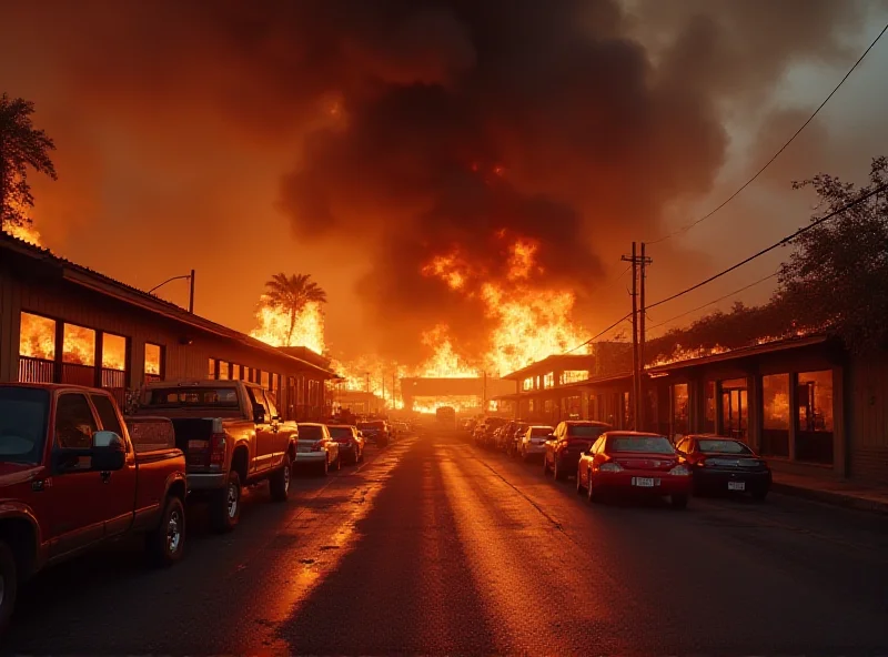 Flames engulfing an abandoned motel with smoke billowing into the sky, fire trucks in the foreground