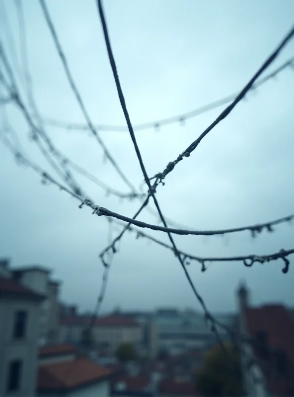 A high-angle view of electrical wires against a cloudy sky, with a blurred cityscape in the background.