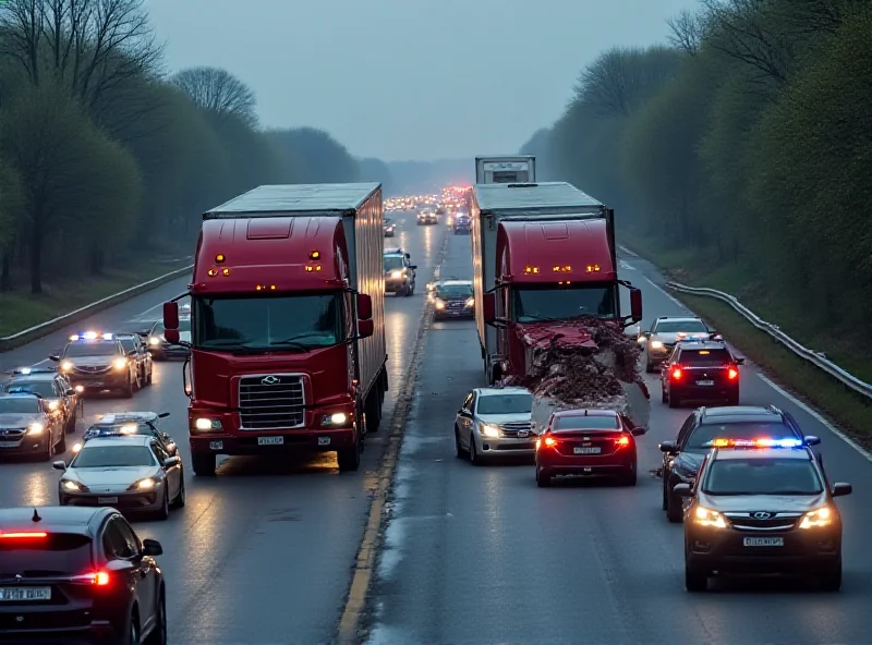 A highway scene with two damaged trucks blocking traffic, emergency vehicles with flashing lights in the background.