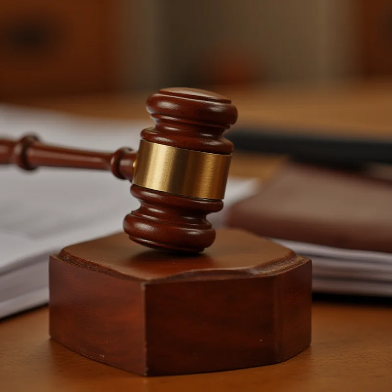 A gavel resting on a wooden block in a courtroom setting, symbolizing justice and legal proceedings.