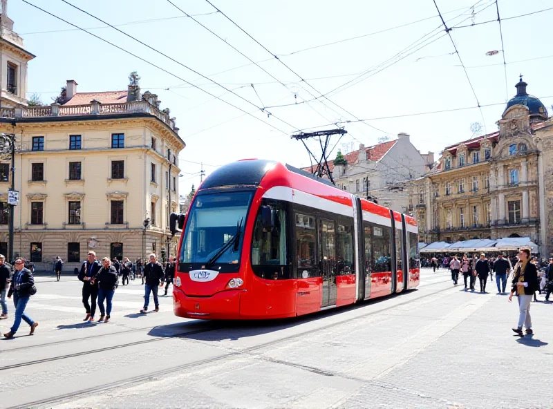 Modern tram in Prague passing through the city center.