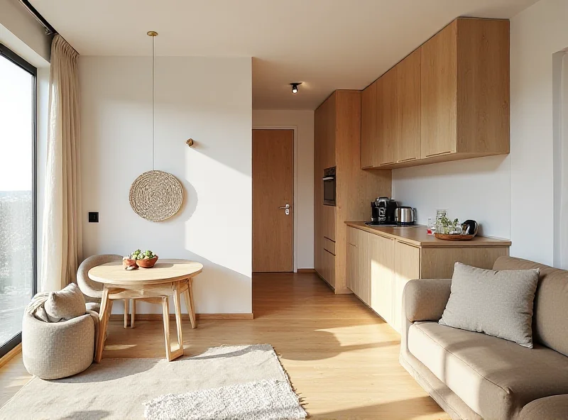 Interior of a small, modern apartment in Prague with innovative space-saving design, including a combined living and sleeping area.