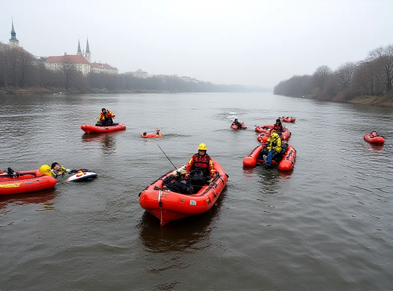 A scene of firefighters rescuing people from the Vltava river in Prague, with pedal boats visible in the background.