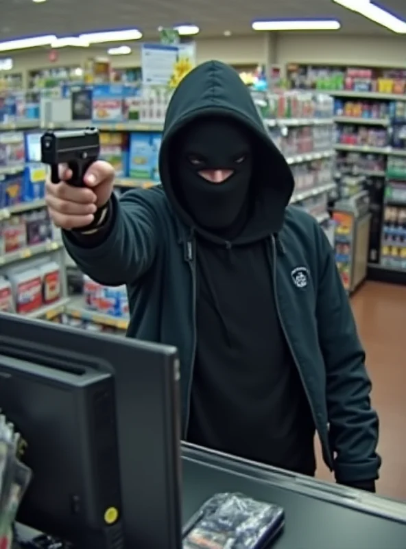 A security camera shot of a masked robber pointing a gun at a cashier in a convenience store.