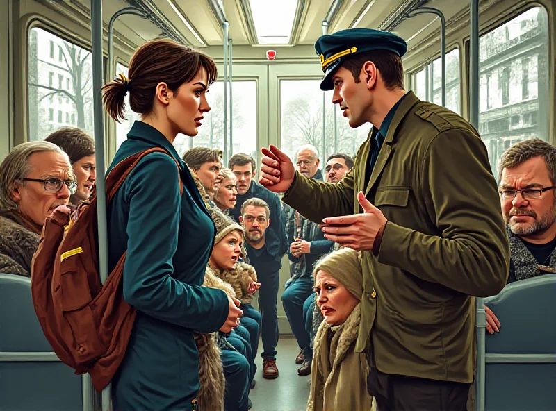 Illustration of a crowded Prague tram with a tense confrontation between a driver and passengers.