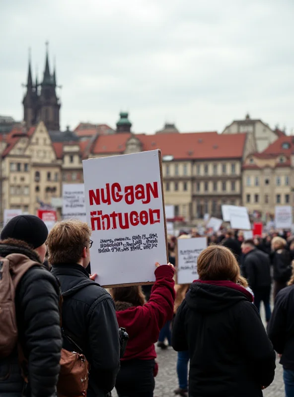 A protest with signs referencing Prague Services and the word 'Strike!'