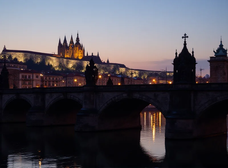 A cityscape of Prague at dusk, with a focus on the Charles Bridge and Prague Castle.